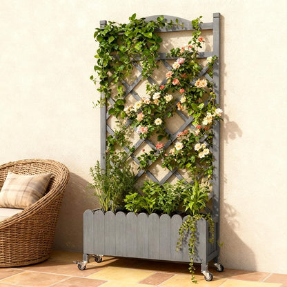 2 Pack Planter Box with Trellis and Wheels, 48In Elevated Raised Garden Bed, Drainage Holes, Outdoor Lattice for Climbing Flowers, Vegetables, Patio Balcony, Brown