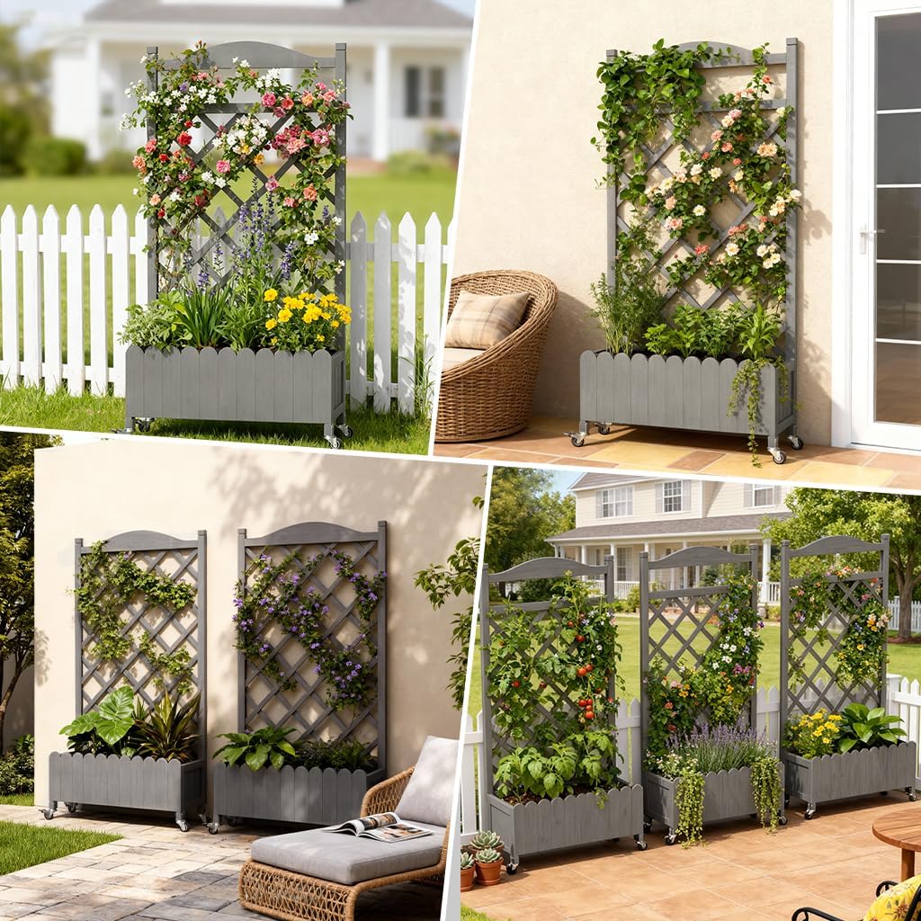 2 Pack Planter Box with Trellis and Wheels, 48In Elevated Raised Garden Bed, Drainage Holes, Outdoor Lattice for Climbing Flowers, Vegetables, Patio Balcony, Brown