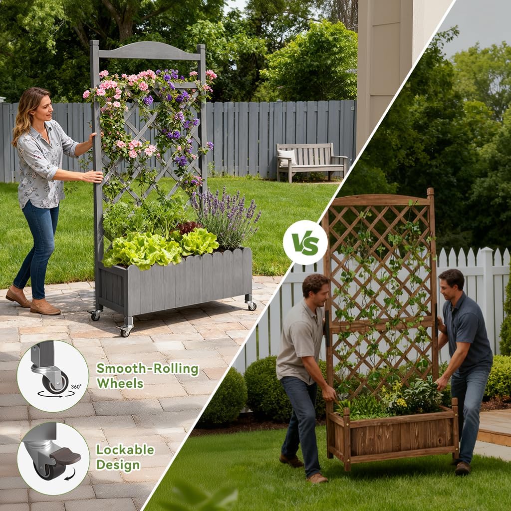 2 Pack Planter Box with Trellis and Wheels, 48In Elevated Raised Garden Bed, Drainage Holes, Outdoor Lattice for Climbing Flowers, Vegetables, Patio Balcony, Brown