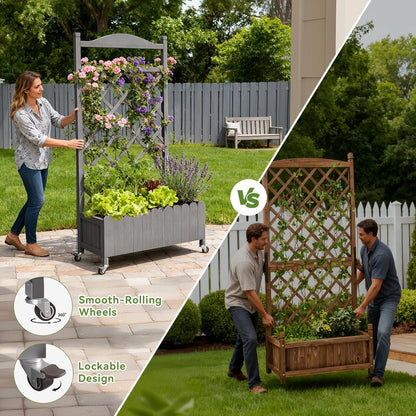 2 Pack Planter Box with Trellis and Wheels, 48In Elevated Raised Garden Bed, Drainage Holes, Outdoor Lattice for Climbing Flowers, Vegetables, Patio Balcony, Brown