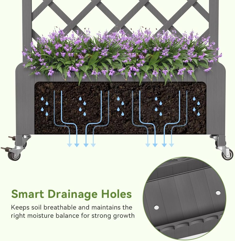 2 Pack Planter Box with Trellis and Wheels, 48In Elevated Raised Garden Bed, Drainage Holes, Outdoor Lattice for Climbing Flowers, Vegetables, Patio Balcony, Brown