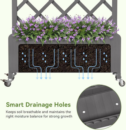 2 Pack Planter Box with Trellis and Wheels, 48In Elevated Raised Garden Bed, Drainage Holes, Outdoor Lattice for Climbing Flowers, Vegetables, Patio Balcony, Brown