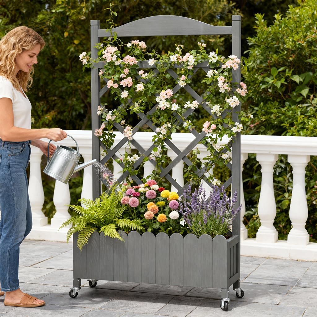 2 Pack Planter Box with Trellis and Wheels, 48In Elevated Raised Garden Bed, Drainage Holes, Outdoor Lattice for Climbing Flowers, Vegetables, Patio Balcony, Brown
