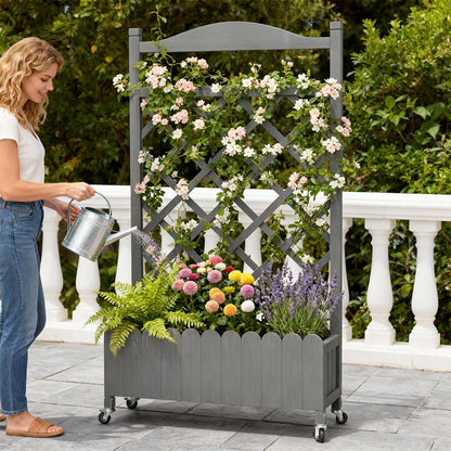2 Pack Planter Box with Trellis and Wheels, 48In Elevated Raised Garden Bed, Drainage Holes, Outdoor Lattice for Climbing Flowers, Vegetables, Patio Balcony, Brown