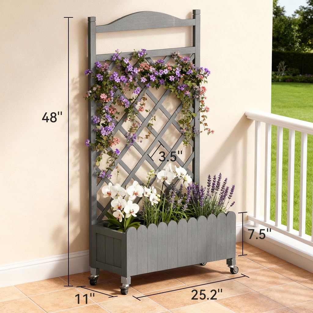 2 Pack Planter Box with Trellis and Wheels, 48In Elevated Raised Garden Bed, Drainage Holes, Outdoor Lattice for Climbing Flowers, Vegetables, Patio Balcony, Brown
