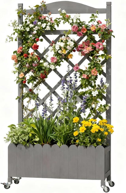 2 Pack Planter Box with Trellis and Wheels, 48In Elevated Raised Garden Bed, Drainage Holes, Outdoor Lattice for Climbing Flowers, Vegetables, Patio Balcony, Brown