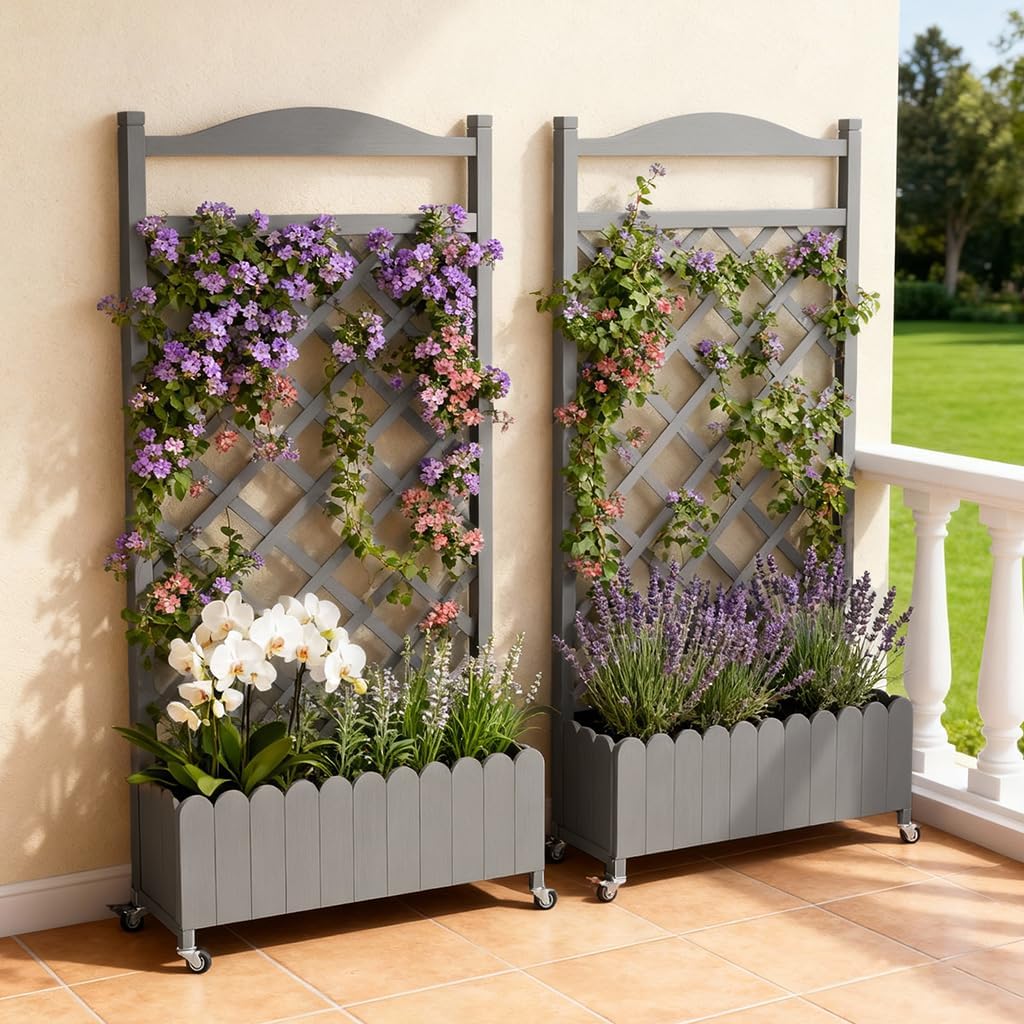 2 Pack Planter Box with Trellis and Wheels, 48In Elevated Raised Garden Bed, Drainage Holes, Outdoor Lattice for Climbing Flowers, Vegetables, Patio Balcony, Brown