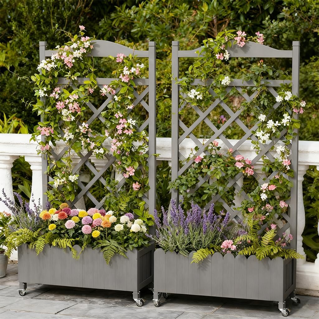 2 Pack Planter Box with Trellis and Wheels, 48In Elevated Raised Garden Bed, Drainage Holes, Outdoor Lattice for Climbing Flowers, Vegetables, Patio Balcony, Brown