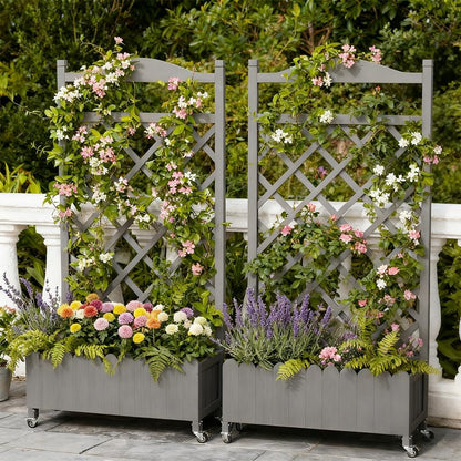 2 Pack Planter Box with Trellis and Wheels, 48In Elevated Raised Garden Bed, Drainage Holes, Outdoor Lattice for Climbing Flowers, Vegetables, Patio Balcony, Brown