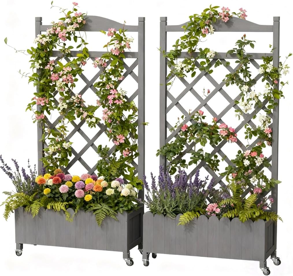 2 Pack Planter Box with Trellis and Wheels, 48In Elevated Raised Garden Bed, Drainage Holes, Outdoor Lattice for Climbing Flowers, Vegetables, Patio Balcony, Brown
