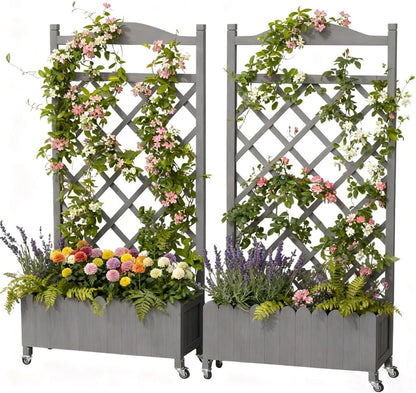 2 Pack Planter Box with Trellis and Wheels, 48In Elevated Raised Garden Bed, Drainage Holes, Outdoor Lattice for Climbing Flowers, Vegetables, Patio Balcony, Brown