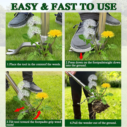 Metal Stand Up Weed Puller Tool - 48" Garden Weeding Tool, Foot Platform Design - 4 Claw Strong Steel Head Weeder Tool, Smoothly Remove Weeds Without Kneeling - All Steel Construction