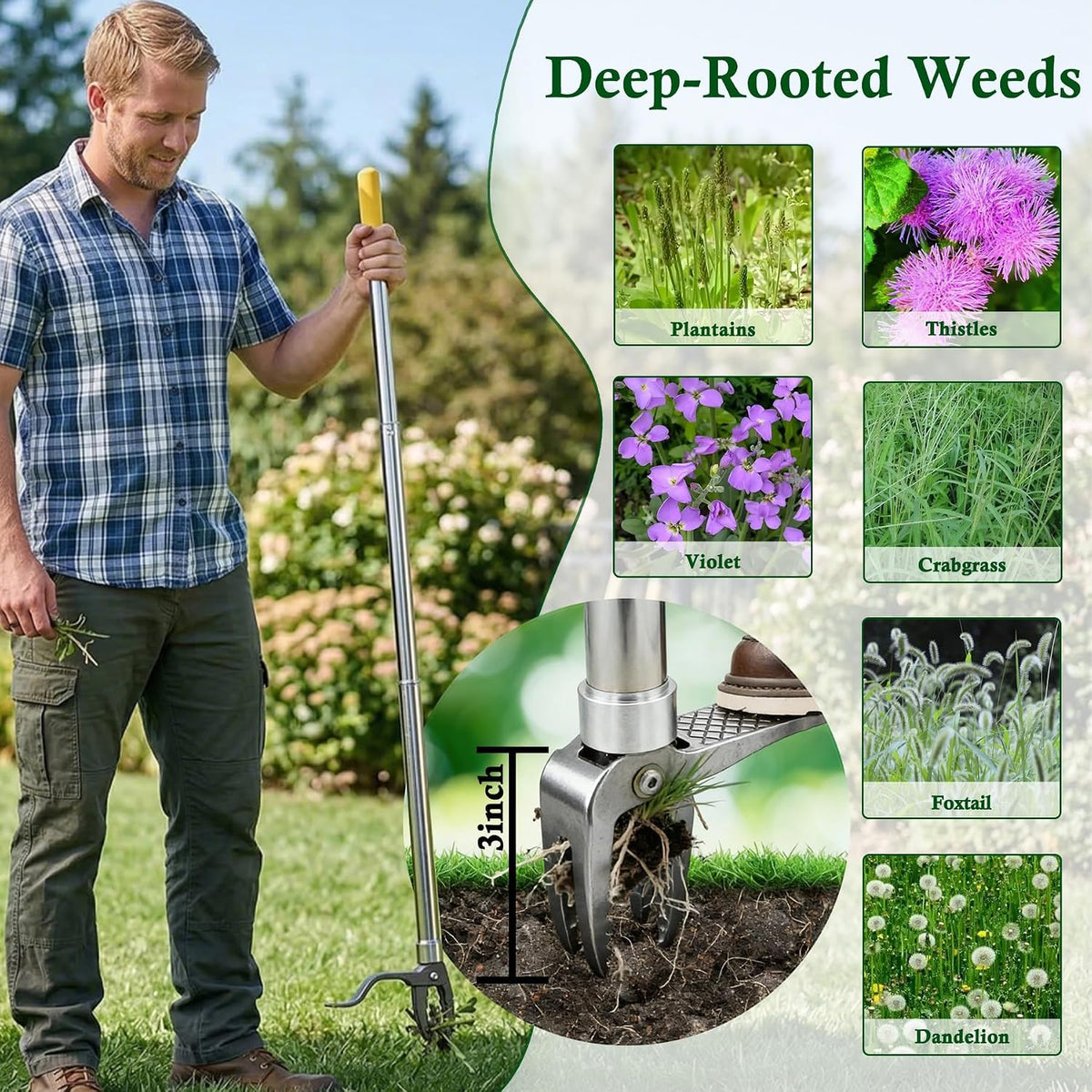 Metal Stand Up Weed Puller Tool - 48" Garden Weeding Tool, Foot Platform Design - 4 Claw Strong Steel Head Weeder Tool, Smoothly Remove Weeds Without Kneeling - All Steel Construction