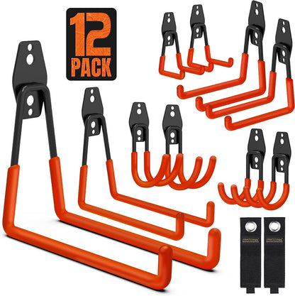 Garage Hooks, 12 Pack Wall Storage Hook Includes 2 Extension Cord Holder, Utility Organization, Heavy Duty Wall Mount Hangers for Hanging Bike, Ladder, Garden Tools