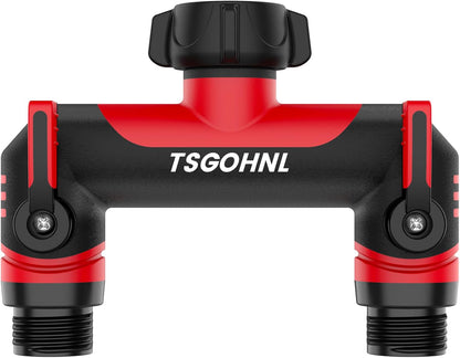 2 Way Garden Hose Splitter, 3/4 Inch Outdoor Faucet Splitter, Hose Manifold with Independent Shut Off Valves, Wide Spacing for Hose Timers, Sprinklers, Lawn, Yard and Garden Watering - Red