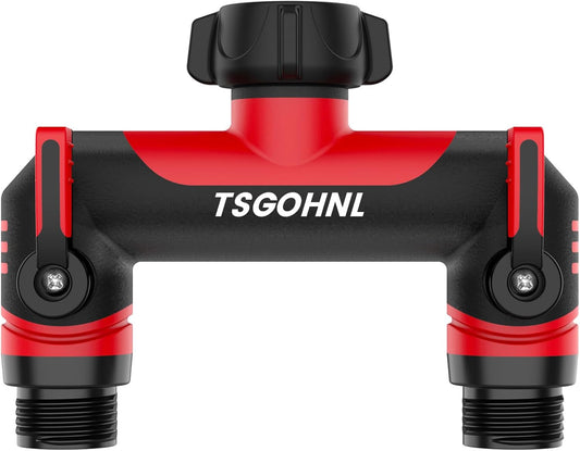 2 Way Garden Hose Splitter, 3/4 Inch Outdoor Faucet Splitter, Hose Manifold with Independent Shut Off Valves, Wide Spacing for Hose Timers, Sprinklers, Lawn, Yard and Garden Watering - Red