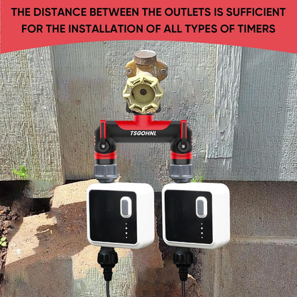 2 Way Garden Hose Splitter, 3/4 Inch Outdoor Faucet Splitter, Hose Manifold with Independent Shut Off Valves, Wide Spacing for Hose Timers, Sprinklers, Lawn, Yard and Garden Watering - Red