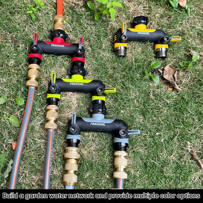 2 Way Garden Hose Splitter, 3/4 Inch Outdoor Faucet Splitter, Hose Manifold with Independent Shut Off Valves, Wide Spacing for Hose Timers, Sprinklers, Lawn, Yard and Garden Watering - Red