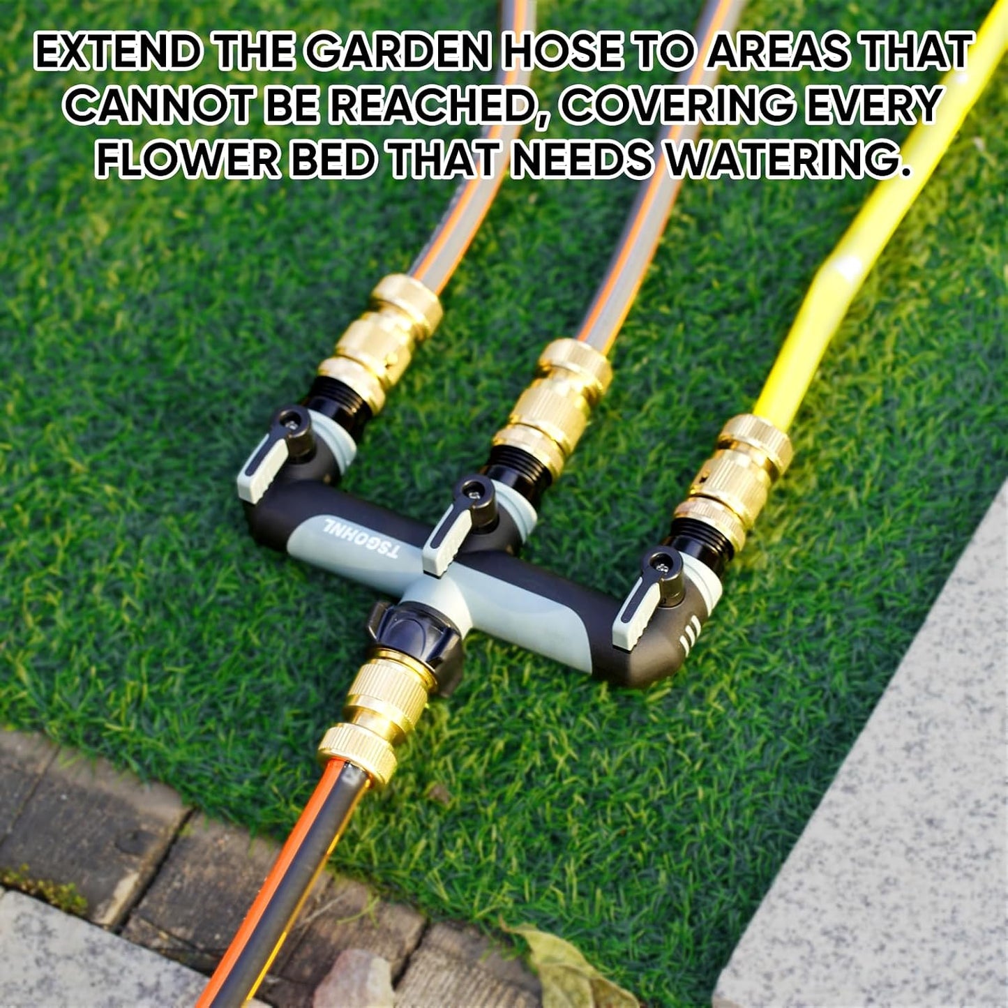 2 Way Garden Hose Splitter, 3/4 Inch Outdoor Faucet Splitter, Hose Manifold with Independent Shut Off Valves, Wide Spacing for Hose Timers, Sprinklers, Lawn, Yard and Garden Watering - Red
