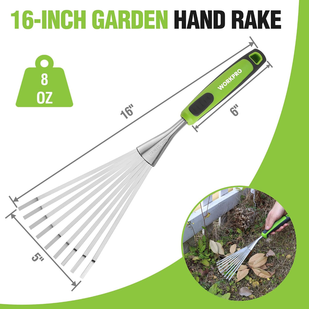 16" Hand Rake, Garden Rake with Soft Handle