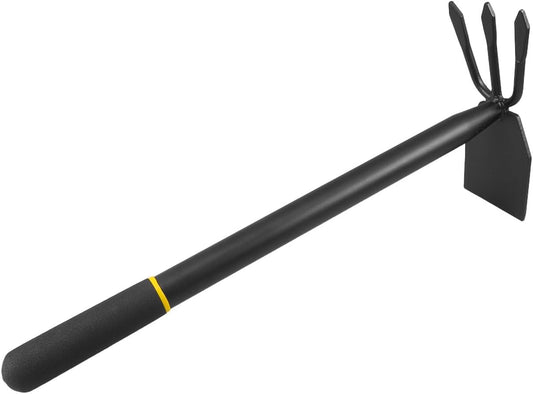 2-in-1 Manganese Steel Garden Hoe and Cultivator Hand Tool, Heavy Duty Weeding Hoe with 3-Tine Rake for Digging, Loosening Soil and Home Planting