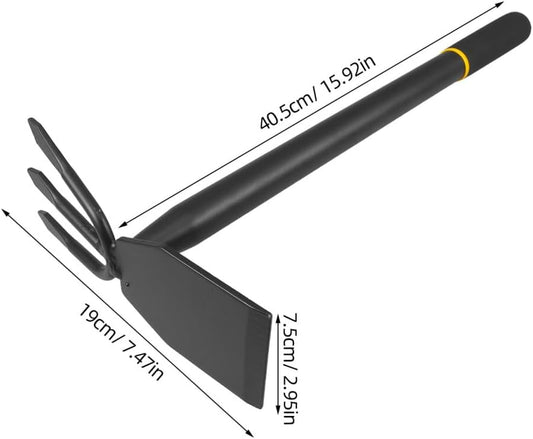 2-in-1 Manganese Steel Garden Hoe and Cultivator Hand Tool, Heavy Duty Weeding Hoe with 3-Tine Rake for Digging, Loosening Soil and Home Planting