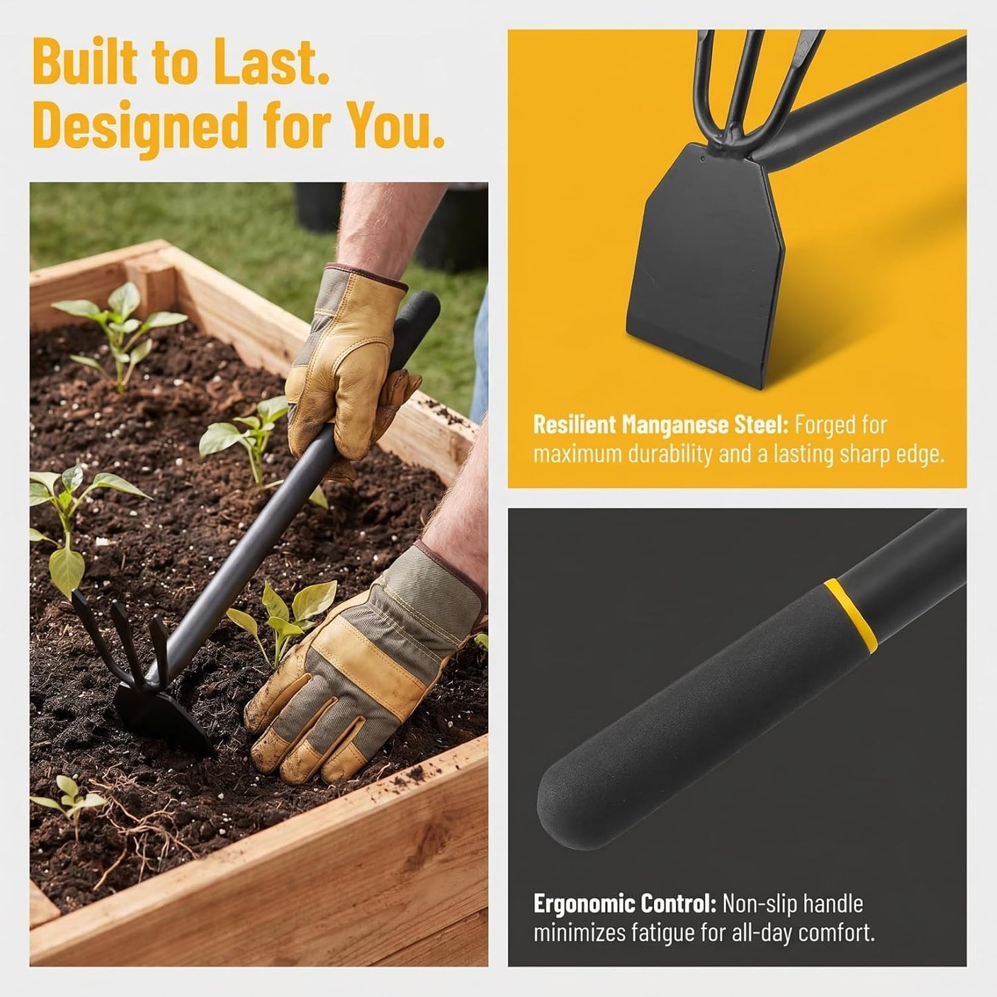 2-in-1 Manganese Steel Garden Hoe and Cultivator Hand Tool, Heavy Duty Weeding Hoe with 3-Tine Rake for Digging, Loosening Soil and Home Planting