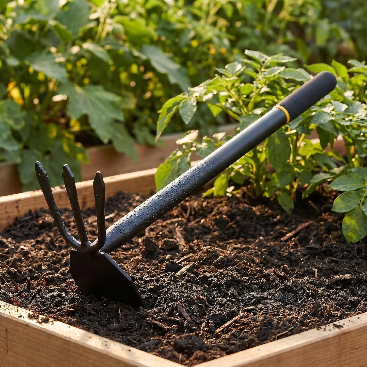 2-in-1 Manganese Steel Garden Hoe and Cultivator Hand Tool, Heavy Duty Weeding Hoe with 3-Tine Rake for Digging, Loosening Soil and Home Planting