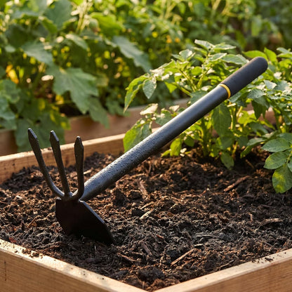 2-in-1 Manganese Steel Garden Hoe and Cultivator Hand Tool, Heavy Duty Weeding Hoe with 3-Tine Rake for Digging, Loosening Soil and Home Planting