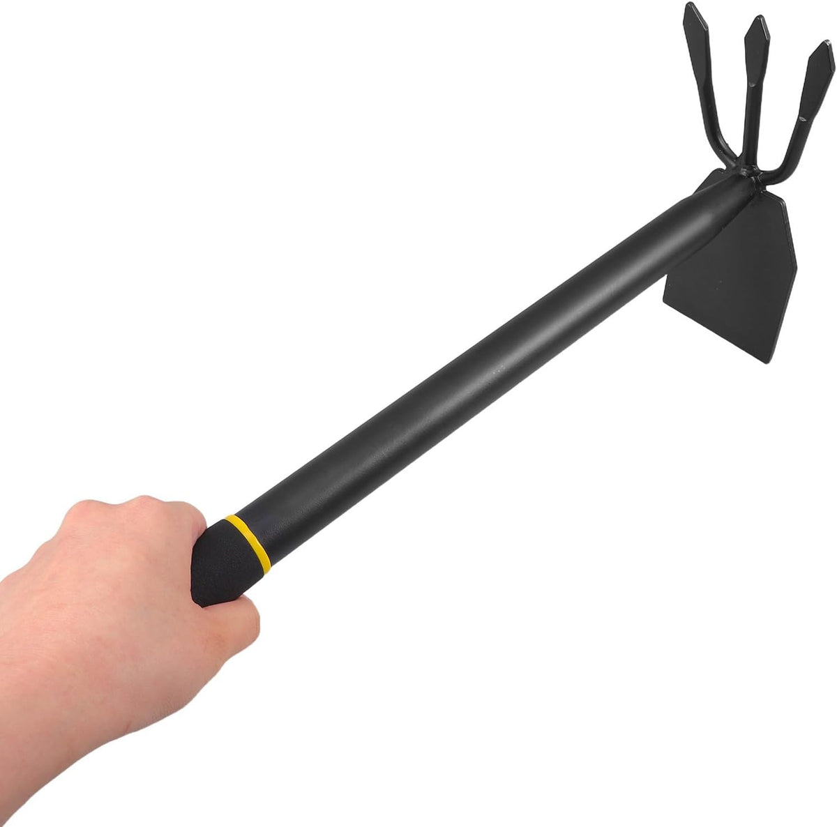 2-in-1 Manganese Steel Garden Hoe and Cultivator Hand Tool, Heavy Duty Weeding Hoe with 3-Tine Rake for Digging, Loosening Soil and Home Planting