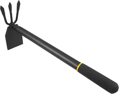 2-in-1 Manganese Steel Garden Hoe and Cultivator Hand Tool, Heavy Duty Weeding Hoe with 3-Tine Rake for Digging, Loosening Soil and Home Planting