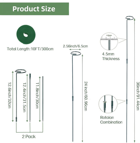 2 Pack Plant Support Sticks, 3 Sizes (12 or 24 or 36 inch) Garden Plant Stake, Plant Support Rings for Indoor Outdoor with Plants Ties, Plants Stakes for Flowers, Climbing Plants, Orchid