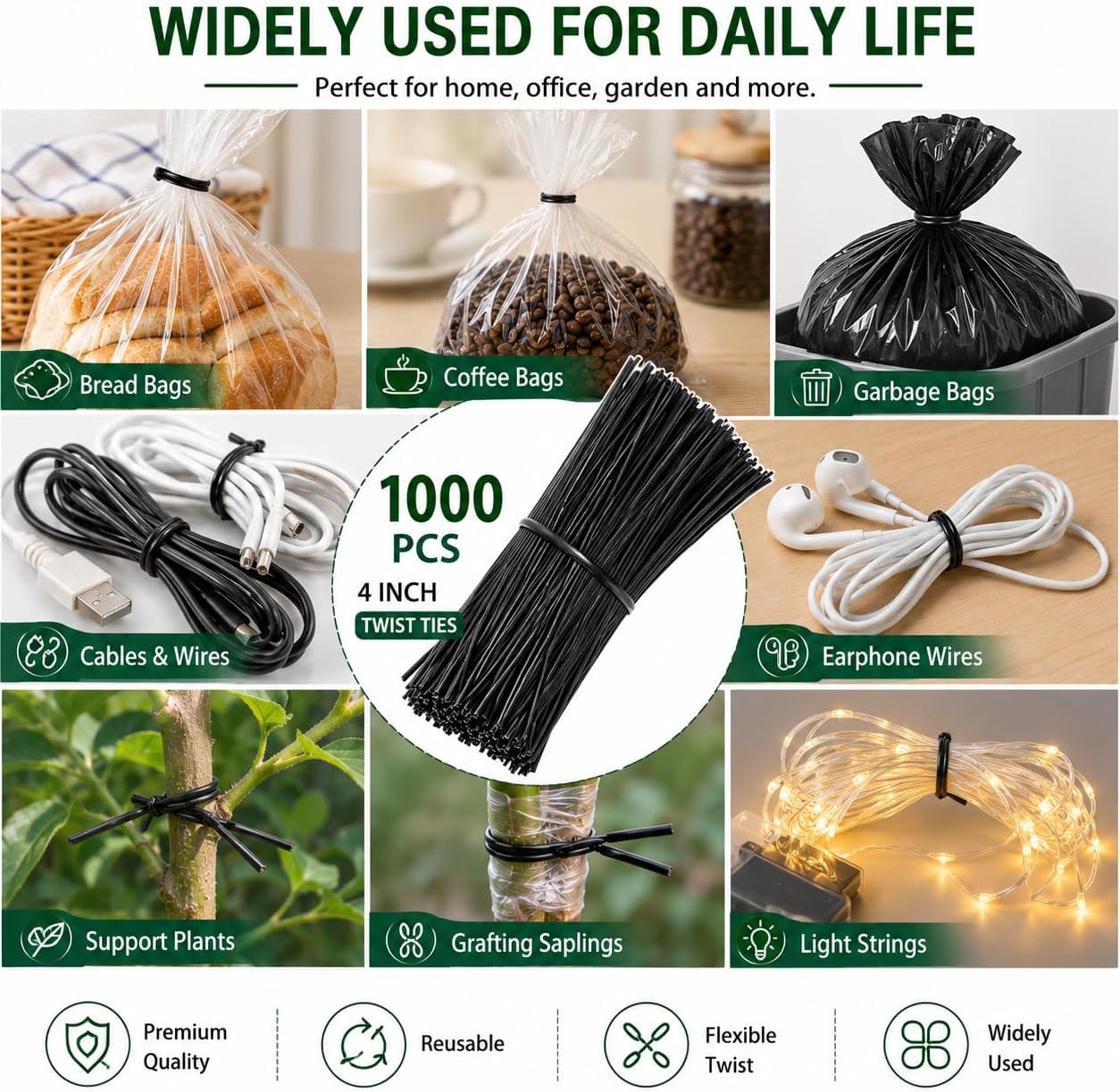1000Pcs 4 Inch Plastic Twist Ties for Bags, Wire Cable Ties for Plants,Breads,Household and Office Use