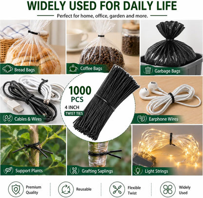 1000Pcs 4 Inch Plastic Twist Ties for Bags, Wire Cable Ties for Plants,Breads,Household and Office Use