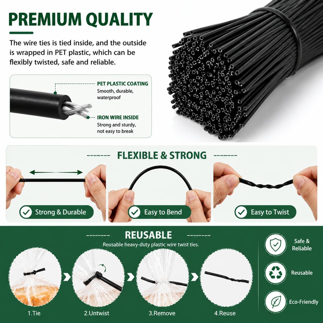 1000Pcs 4 Inch Plastic Twist Ties for Bags, Wire Cable Ties for Plants,Breads,Household and Office Use
