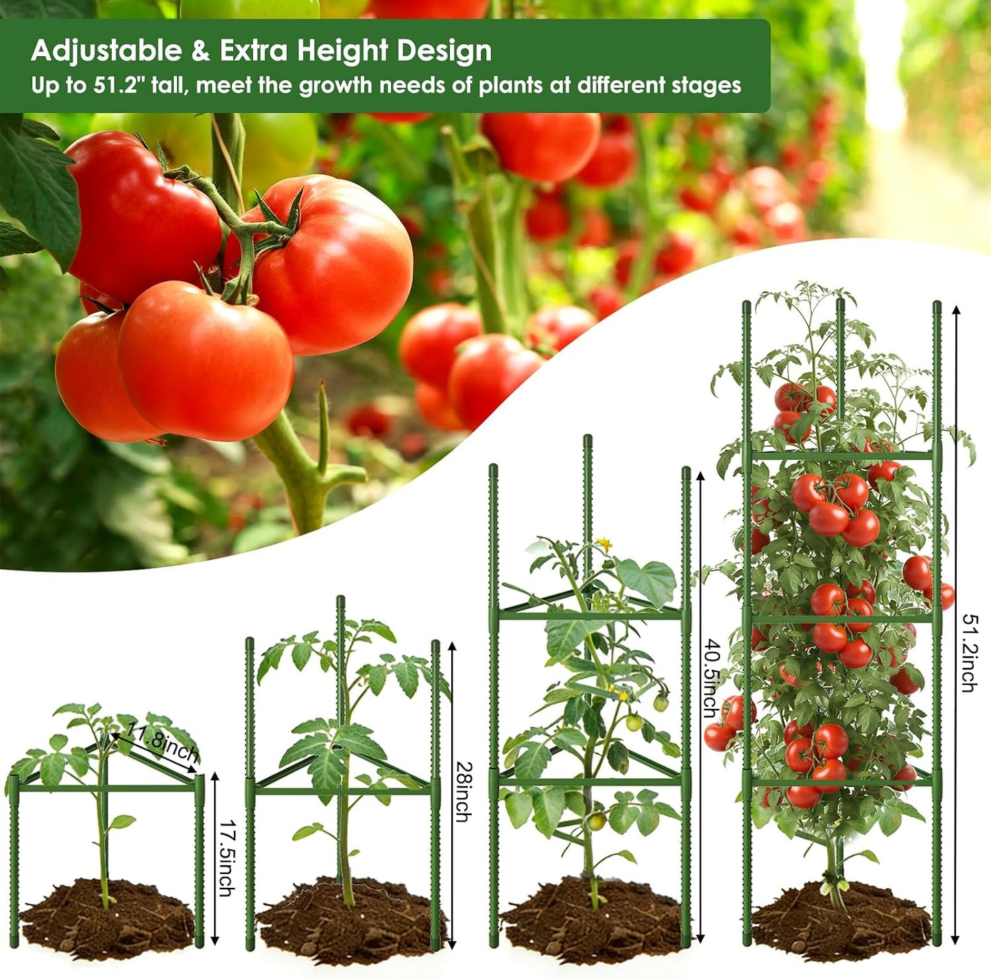 6 Pack Tomato Cage, 51.2 Inch Tall Adjustable Tomato Trellis