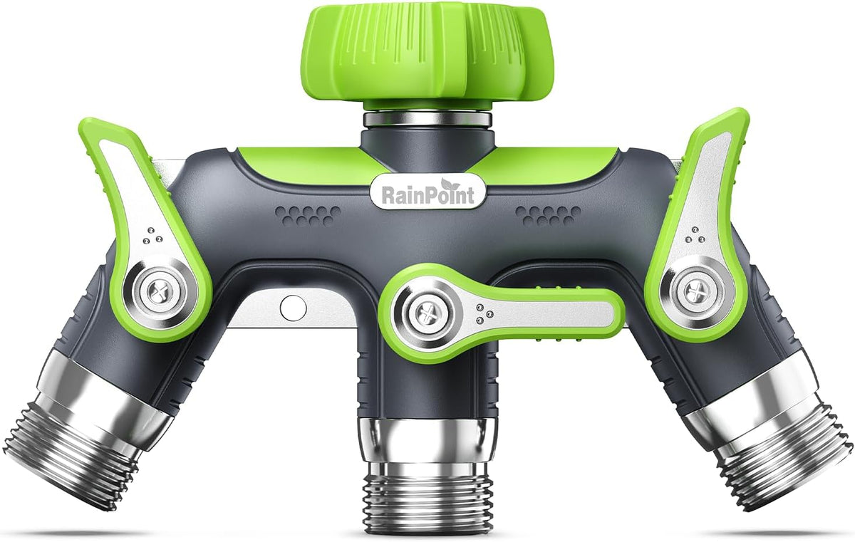 3 Way Hose Splitter, 100% Metal Heavy Duty Garden Hose Splitter With 1.9" Extra Long Handle & Individual Shut Off, 3/4 Inch GHT Thread Water Hose Connector For Outdoor Spigot Faucet (Green)