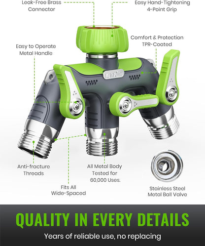 3 Way Hose Splitter, 100% Metal Heavy Duty Garden Hose Splitter With 1.9" Extra Long Handle & Individual Shut Off, 3/4 Inch GHT Thread Water Hose Connector For Outdoor Spigot Faucet (Green)