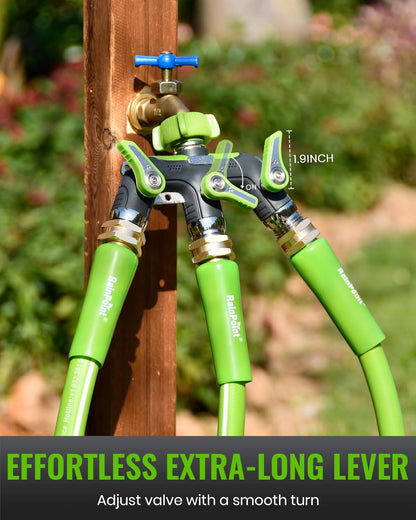 3 Way Hose Splitter, 100% Metal Heavy Duty Garden Hose Splitter With 1.9" Extra Long Handle & Individual Shut Off, 3/4 Inch GHT Thread Water Hose Connector For Outdoor Spigot Faucet (Green)