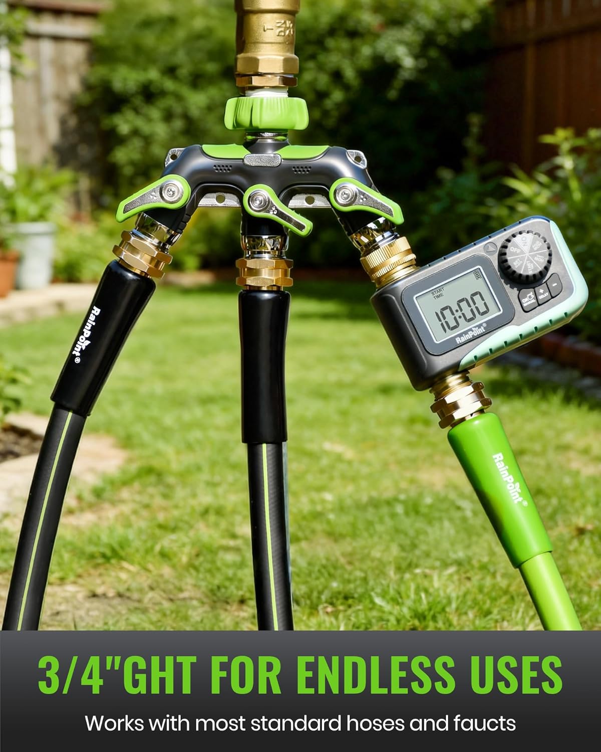 3 Way Hose Splitter, 100% Metal Heavy Duty Garden Hose Splitter With 1.9" Extra Long Handle & Individual Shut Off, 3/4 Inch GHT Thread Water Hose Connector For Outdoor Spigot Faucet (Green)