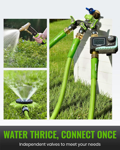 3 Way Hose Splitter, 100% Metal Heavy Duty Garden Hose Splitter With 1.9" Extra Long Handle & Individual Shut Off, 3/4 Inch GHT Thread Water Hose Connector For Outdoor Spigot Faucet (Green)