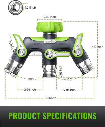 3 Way Hose Splitter, 100% Metal Heavy Duty Garden Hose Splitter With 1.9" Extra Long Handle & Individual Shut Off, 3/4 Inch GHT Thread Water Hose Connector For Outdoor Spigot Faucet (Green)