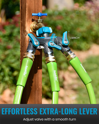 3 Way Hose Splitter, 100% Metal Heavy Duty Garden Hose Splitter With 1.9" Extra Long Handle & Individual Shut Off, 3/4 Inch GHT Thread Water Hose Connector For Outdoor Spigot Faucet (Green)