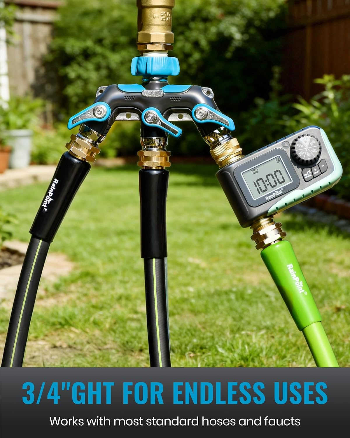 3 Way Hose Splitter, 100% Metal Heavy Duty Garden Hose Splitter With 1.9" Extra Long Handle & Individual Shut Off, 3/4 Inch GHT Thread Water Hose Connector For Outdoor Spigot Faucet (Green)