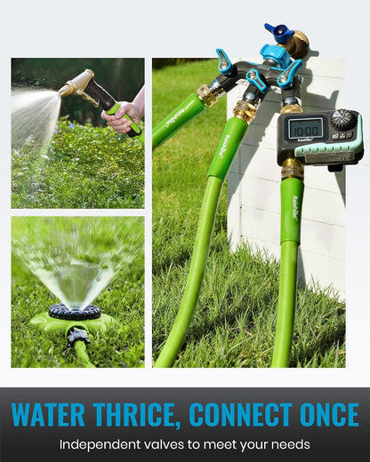 3 Way Hose Splitter, 100% Metal Heavy Duty Garden Hose Splitter With 1.9" Extra Long Handle & Individual Shut Off, 3/4 Inch GHT Thread Water Hose Connector For Outdoor Spigot Faucet (Green)