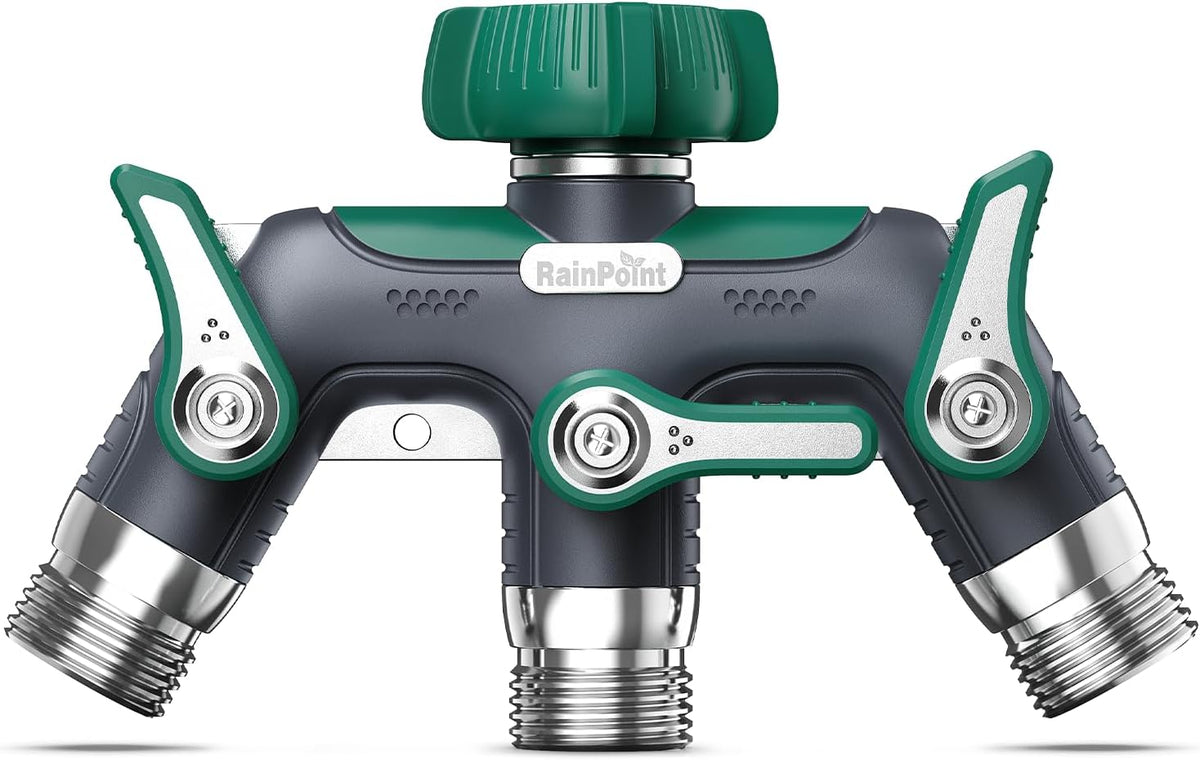 3 Way Hose Splitter, 100% Metal Heavy Duty Garden Hose Splitter With 1.9" Extra Long Handle & Individual Shut Off, 3/4 Inch GHT Thread Water Hose Connector For Outdoor Spigot Faucet (Green)