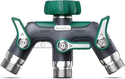 3 Way Hose Splitter, 100% Metal Heavy Duty Garden Hose Splitter With 1.9" Extra Long Handle & Individual Shut Off, 3/4 Inch GHT Thread Water Hose Connector For Outdoor Spigot Faucet (Green)