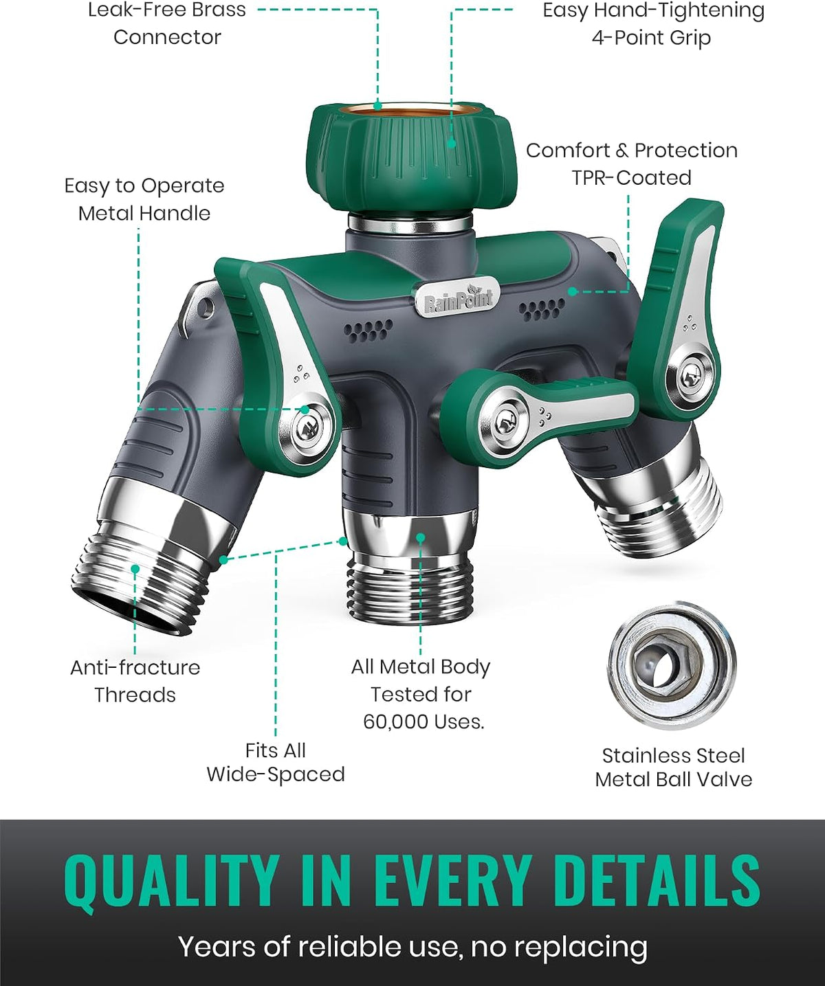 3 Way Hose Splitter, 100% Metal Heavy Duty Garden Hose Splitter With 1.9" Extra Long Handle & Individual Shut Off, 3/4 Inch GHT Thread Water Hose Connector For Outdoor Spigot Faucet (Green)