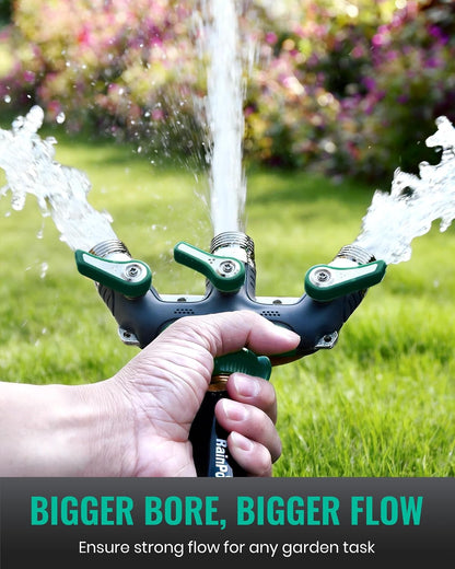 3 Way Hose Splitter, 100% Metal Heavy Duty Garden Hose Splitter With 1.9" Extra Long Handle & Individual Shut Off, 3/4 Inch GHT Thread Water Hose Connector For Outdoor Spigot Faucet (Green)