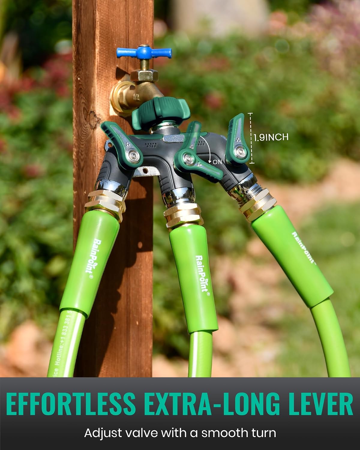 3 Way Hose Splitter, 100% Metal Heavy Duty Garden Hose Splitter With 1.9" Extra Long Handle & Individual Shut Off, 3/4 Inch GHT Thread Water Hose Connector For Outdoor Spigot Faucet (Green)
